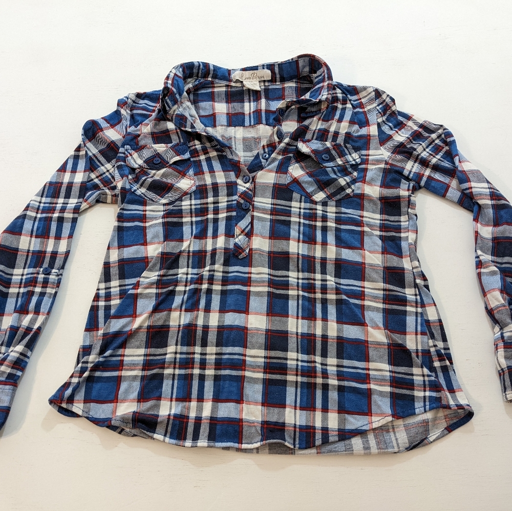 Love Potion Petite L Womans Blue Plaid Flannel Top.